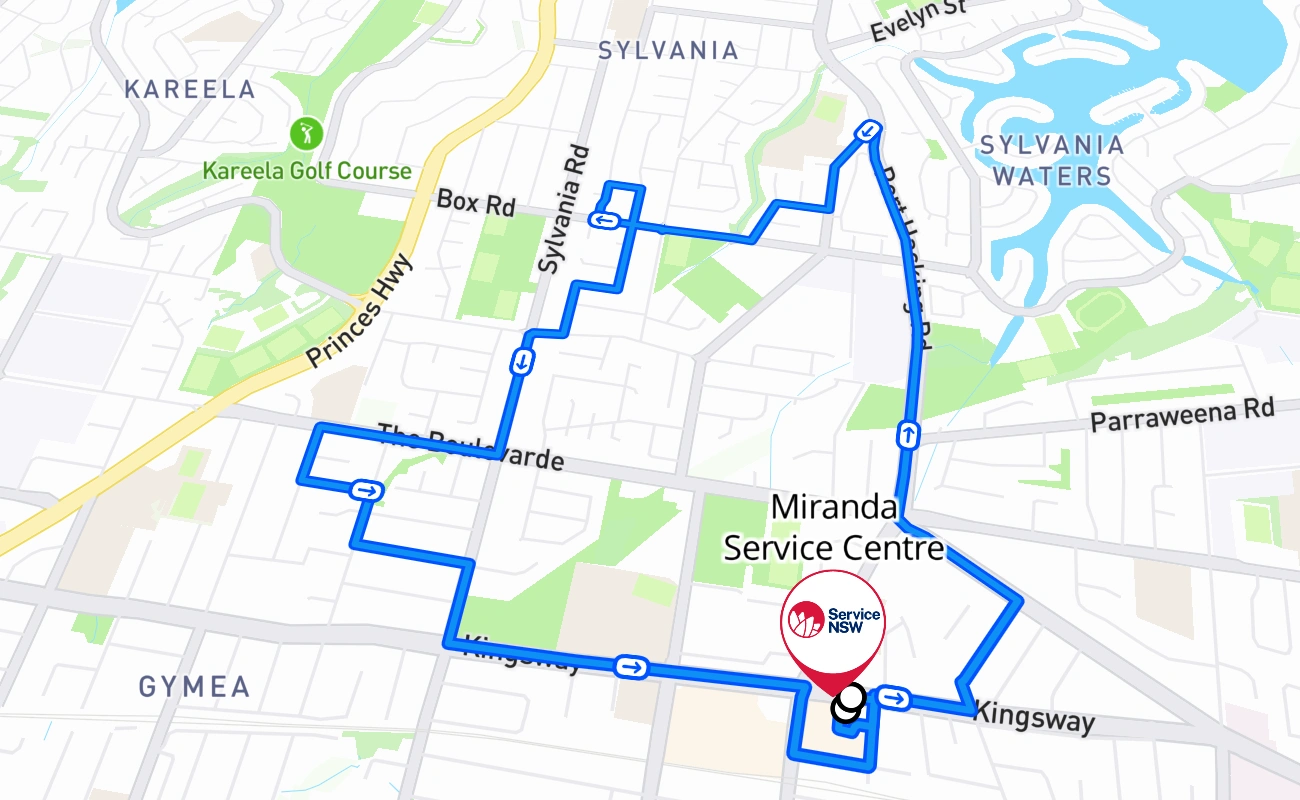 Miranda Service Centre driving test route #821 map - NSW Australia