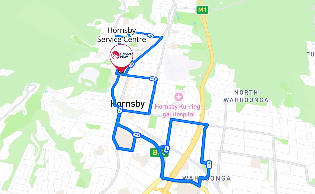 Hornsby Service Centre driving test route #129 map - NSW Australia