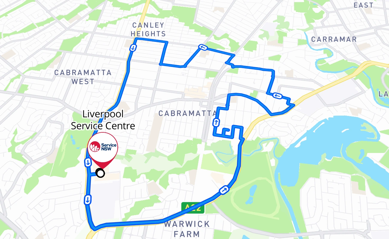 Liverpool Service Centre driving test route #100 map - NSW Australia