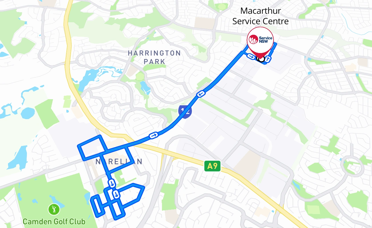 Macarthur Service Centre driving test route #838 map - NSW Australia
