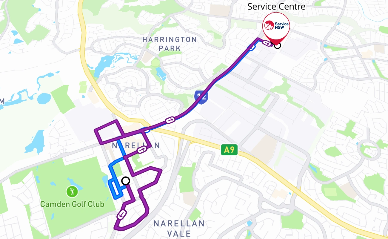 Macarthur Service Centre driving test route #839 map - NSW Australia