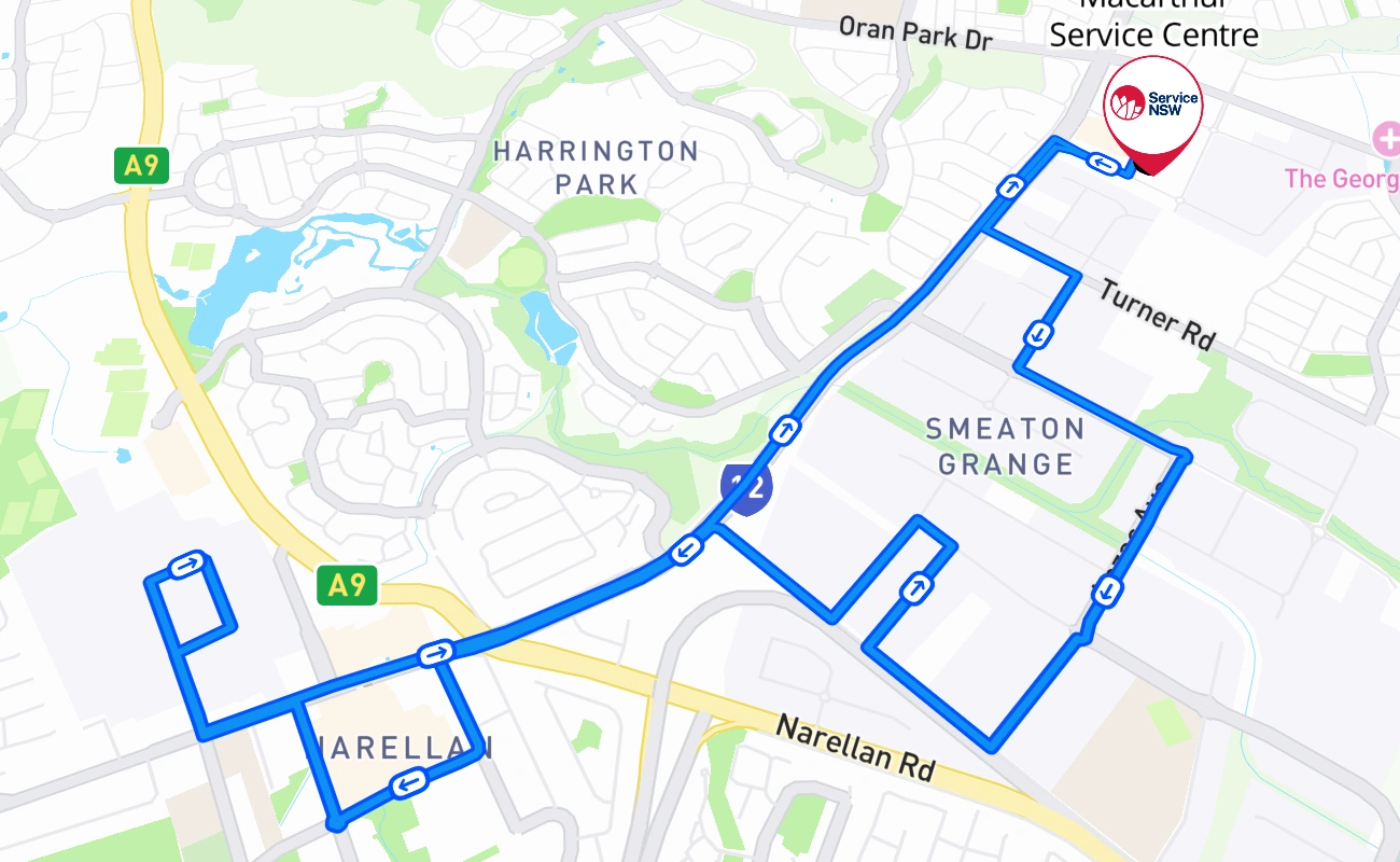 Macarthur Service Centre driving test route #103 map - NSW Australia