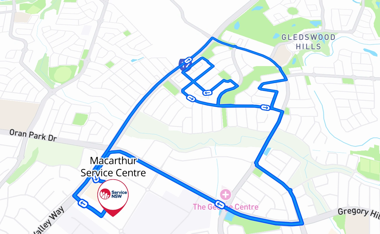 Macarthur Service Centre 驾考路线 #104 地图 - NSW 澳大利亚