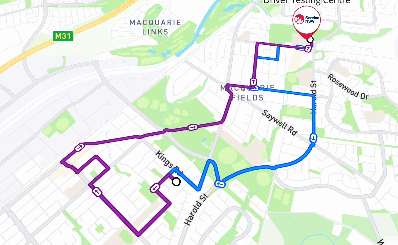 Macquarie Fields Driver Testing Centre driving test route #96 map - NSW Australia