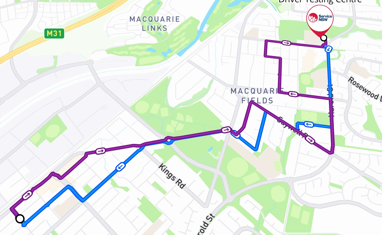 Macquarie Fields Driver Testing Centre driving test route #95 map - NSW Australia