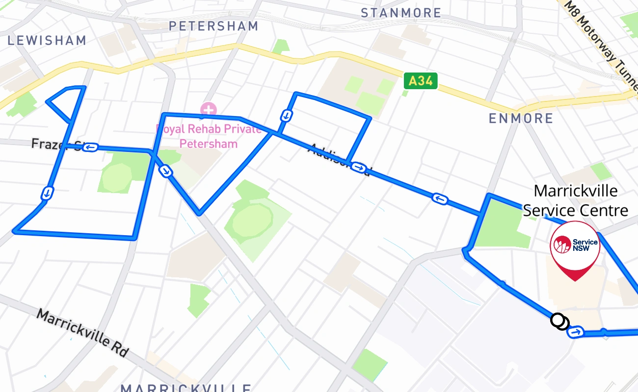 Marrickville Service Centre driving test route #828 map - NSW Australia