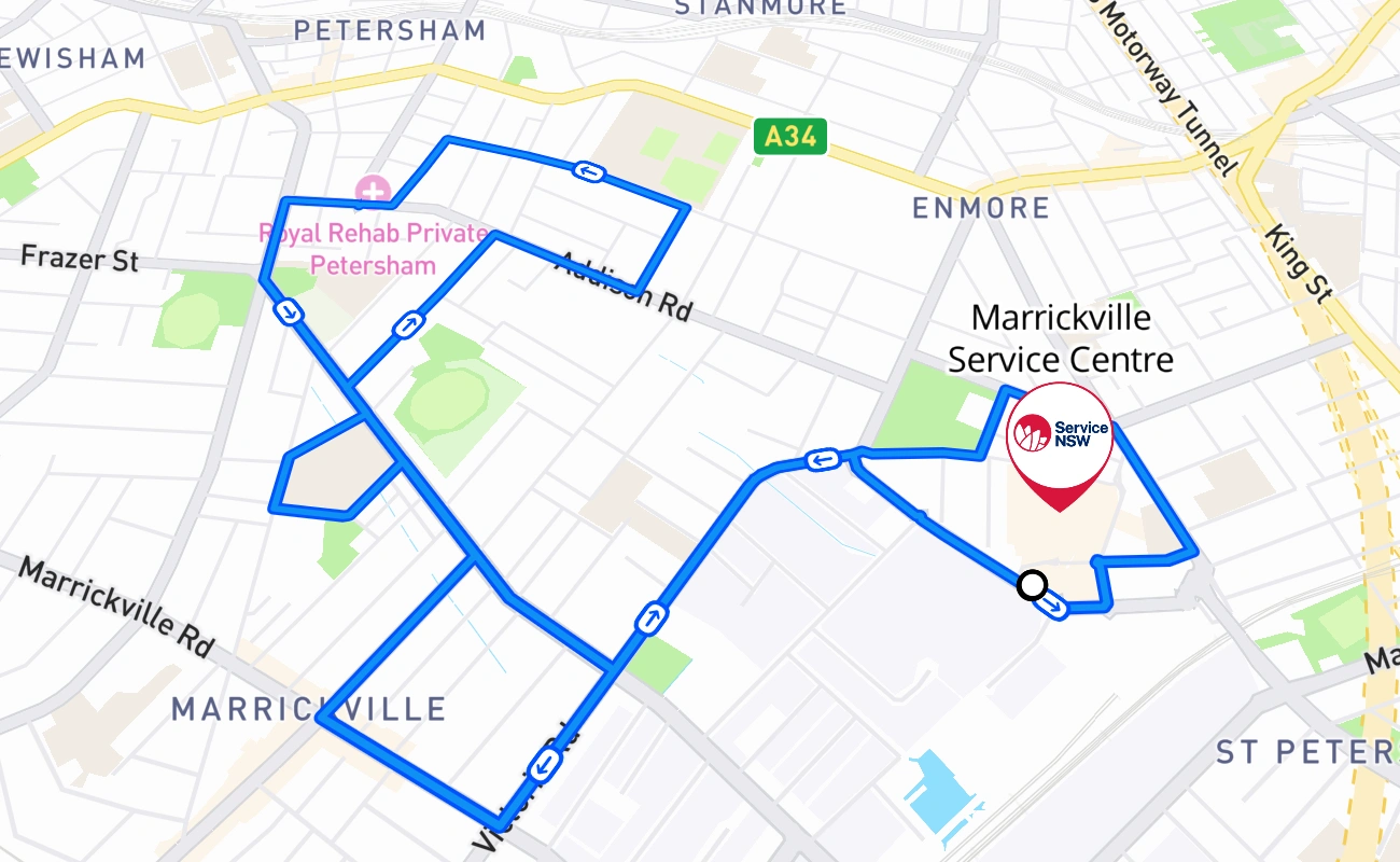 Marrickville Service Centre driving test route #1164 map - NSW Australia