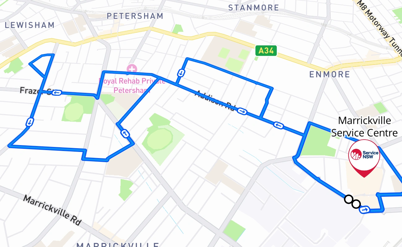 Marrickville Service Centre 驾考路线 #2710 地图 - NSW 澳大利亚