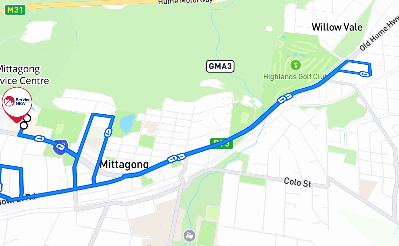 Mittagong Service Centre 驾考路线 #213 地图 - NSW 澳大利亚