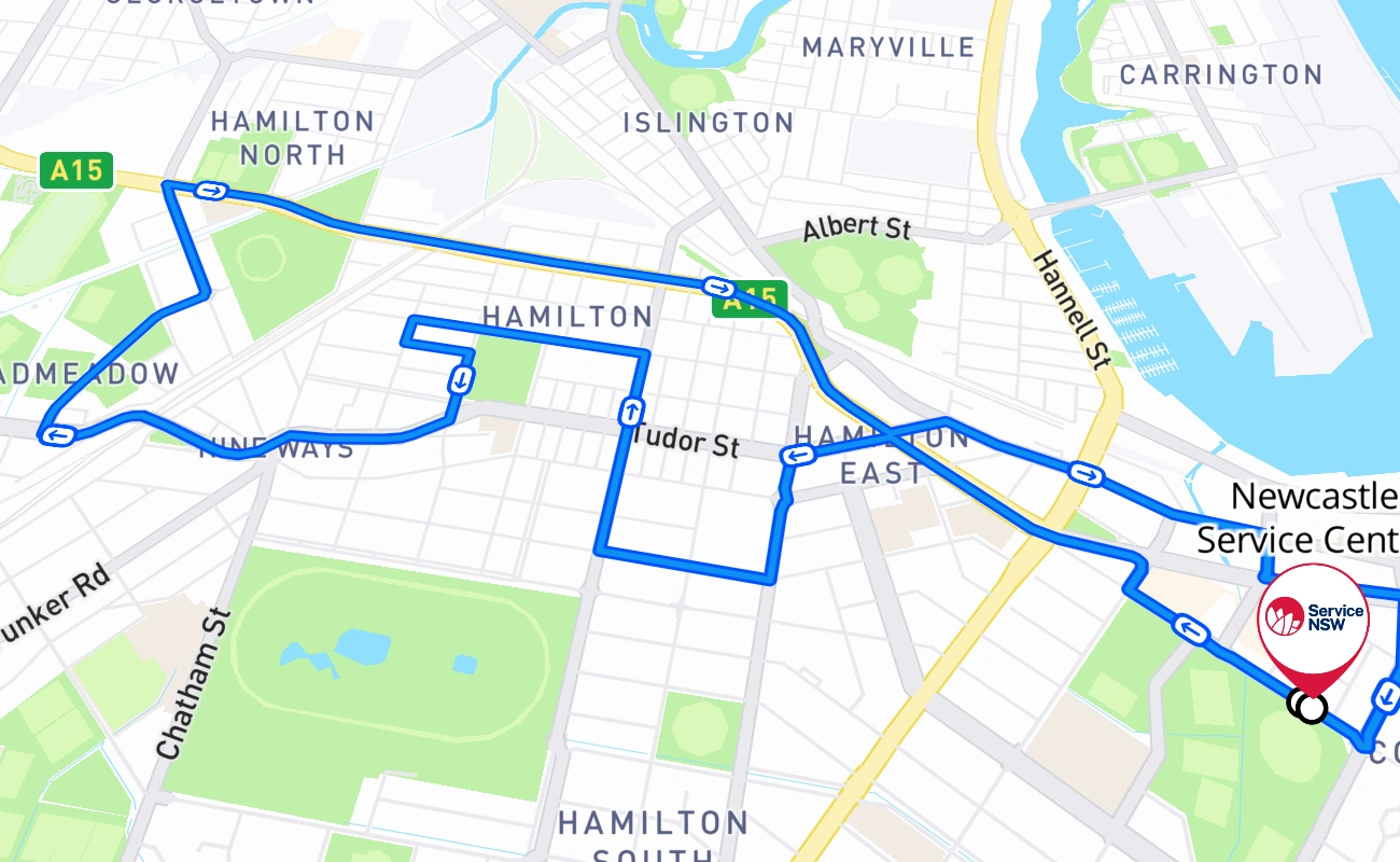 Newcastle Service Centre 驾考路线 #203 地图 - NSW 澳大利亚