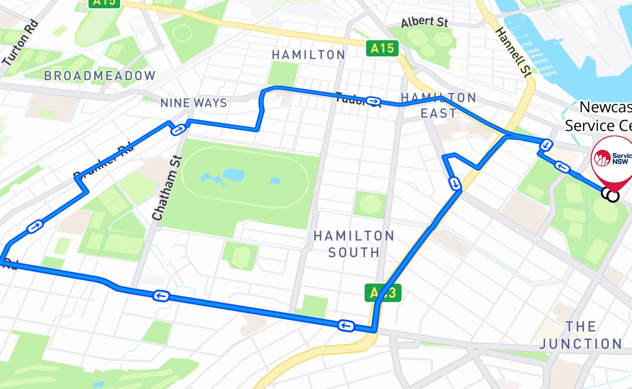 Newcastle Service Centre 驾考路线 #204 地图 - NSW 澳大利亚