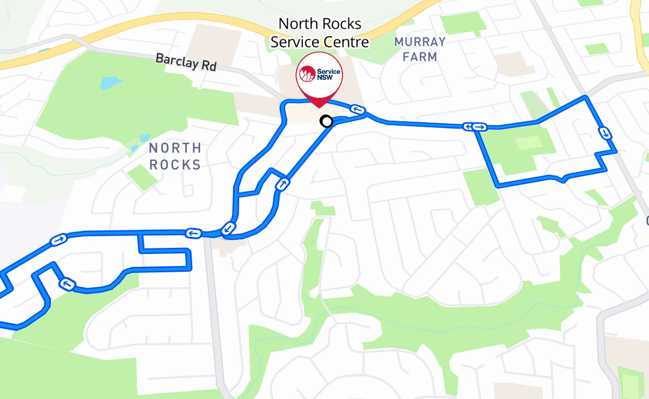 North Rocks Service Centre driving test route #1724 map - NSW Australia