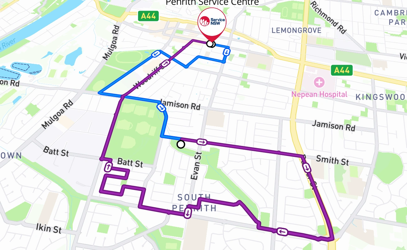 Mobile Service Centre 1 (Penrith) driving test route #817 map - NSW Australia