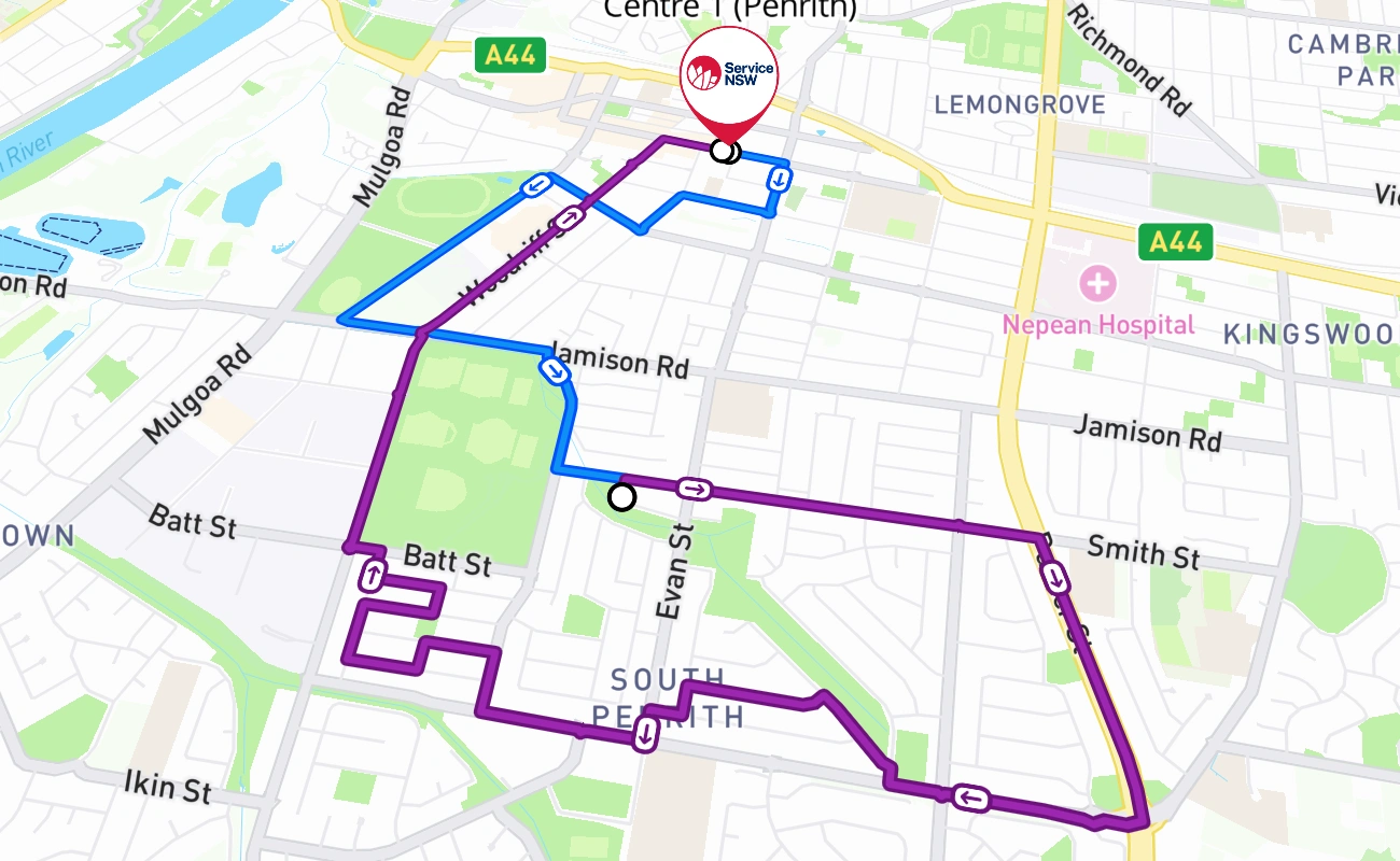 Mobile Service Centre 1 (Penrith) driving test route #817 map - NSW Australia