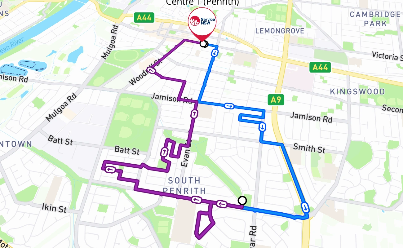 Mobile Service Centre 1 (Penrith) driving test route #154 map - NSW Australia