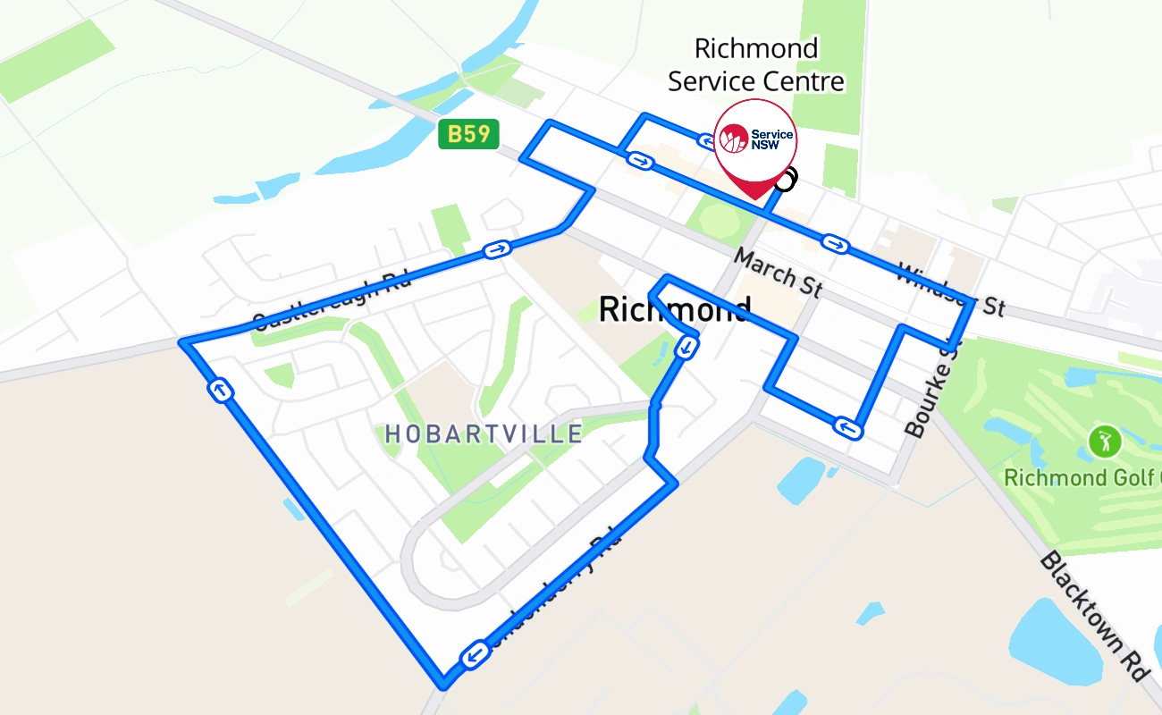 Richmond Service Centre driving test route #841 map - NSW Australia