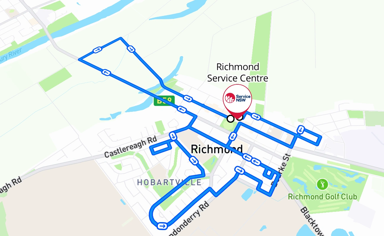 Richmond Service Centre driving test route #842 map - NSW Australia