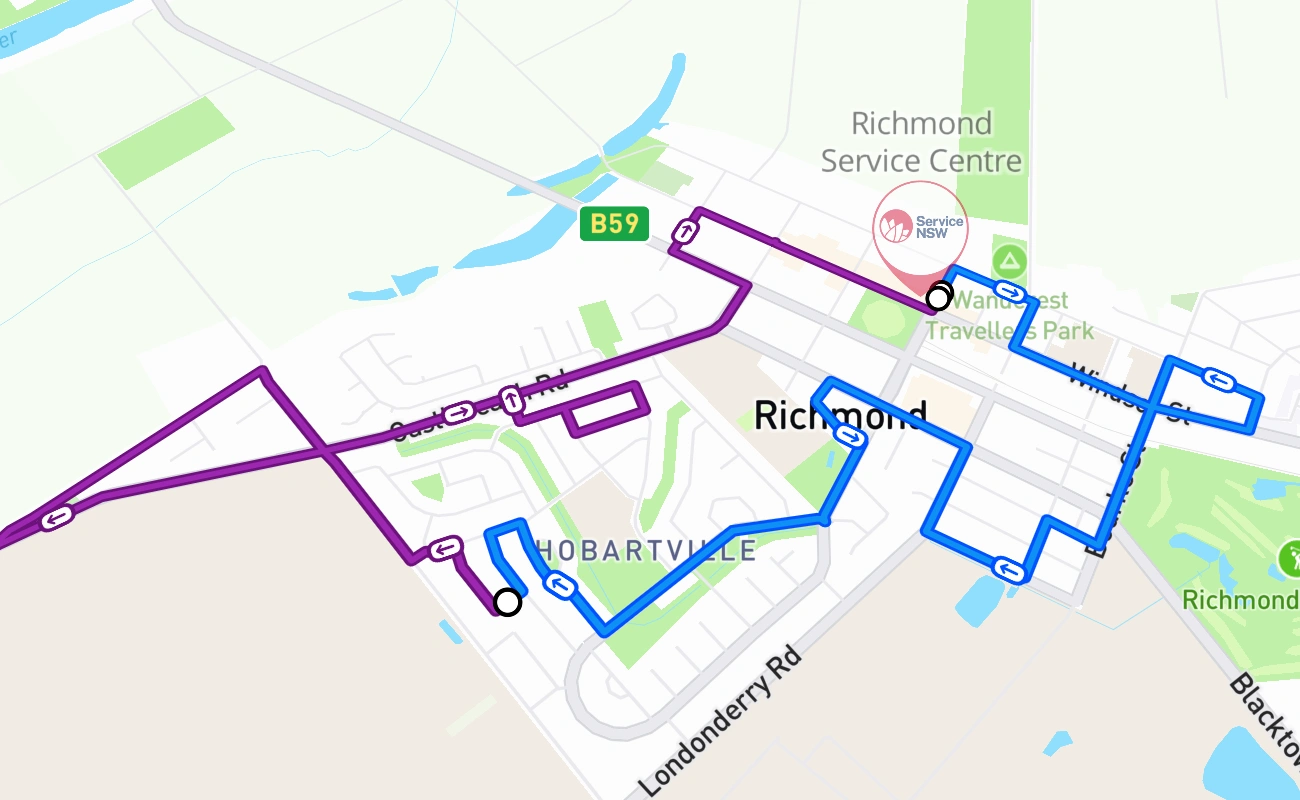 Richmond Service Centre driving test route #155 map - NSW Australia