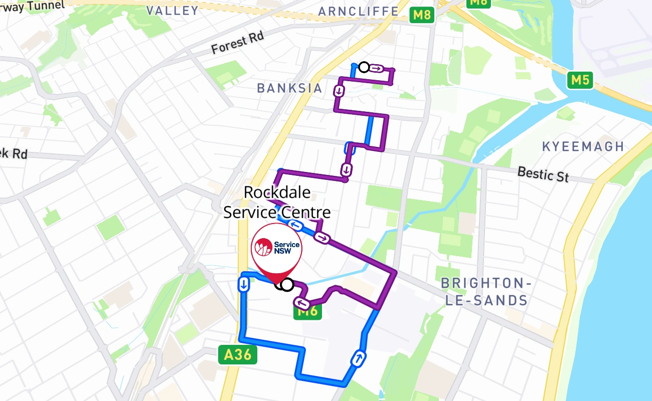 Rockdale Service Centre driving test route #84 map - NSW Australia