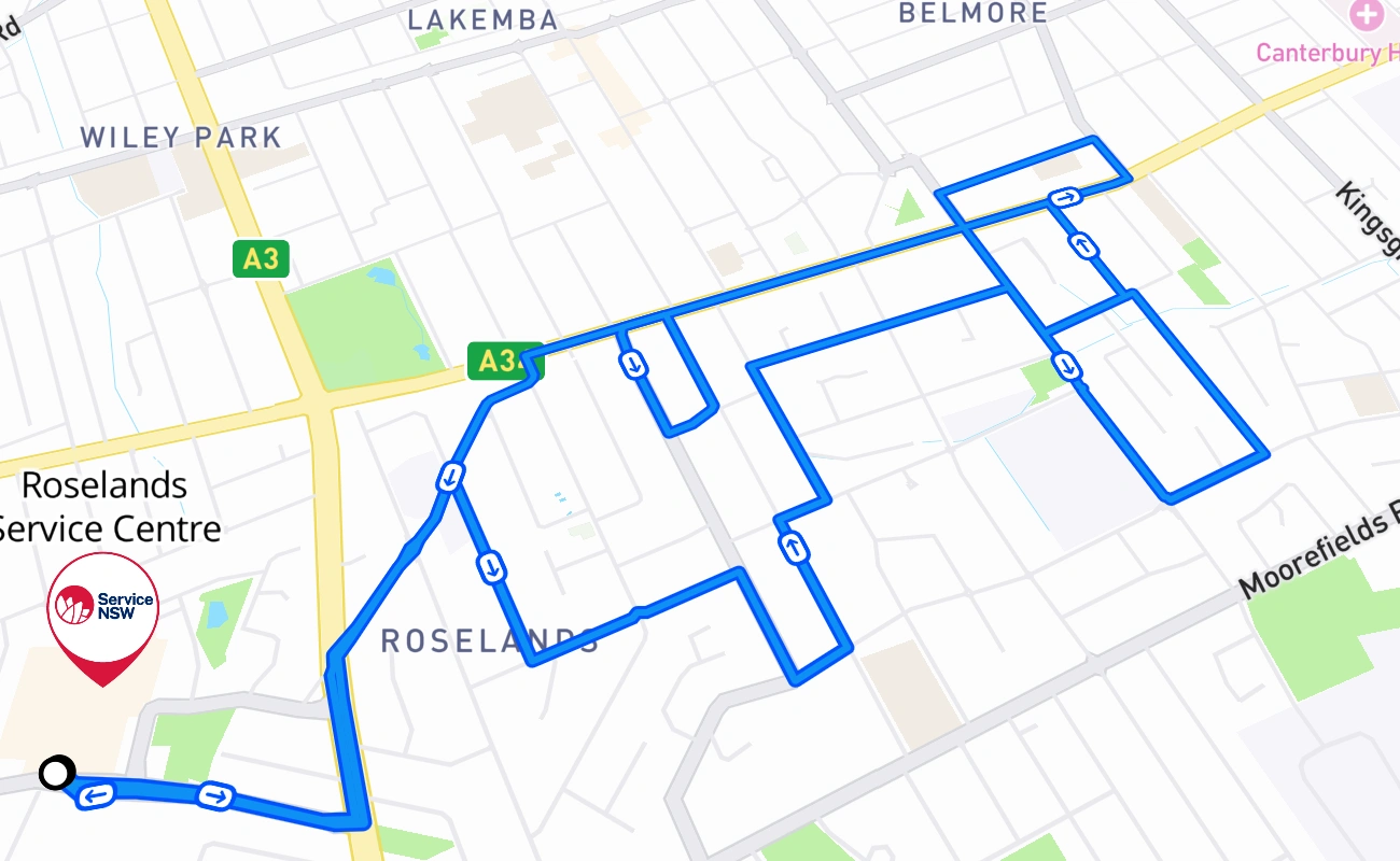 Roselands Service Centre driving test route #835 map - NSW Australia
