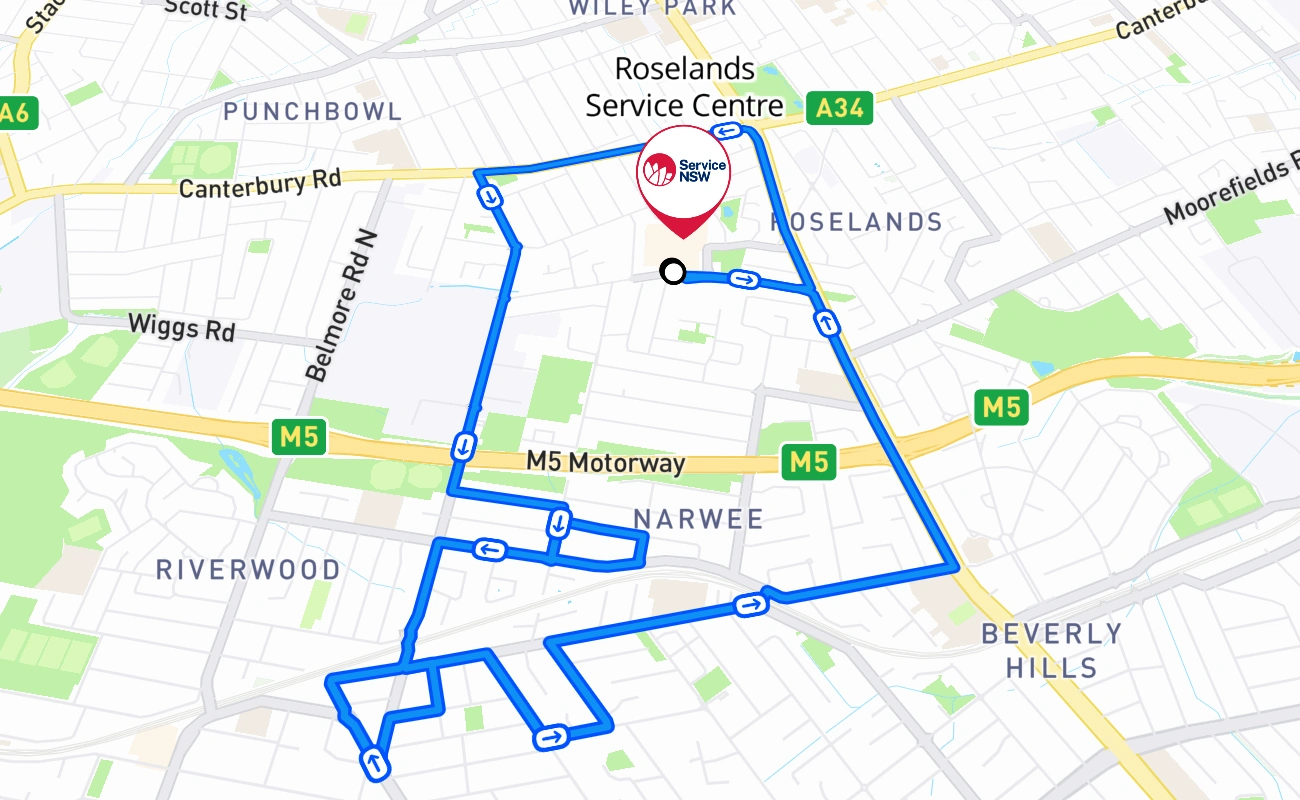 Roselands Service Centre driving test route #836 map - NSW Australia