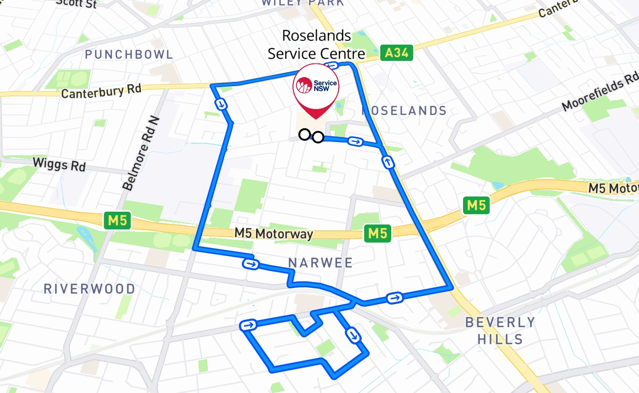Roselands Service Centre driving test route #837 map - NSW Australia