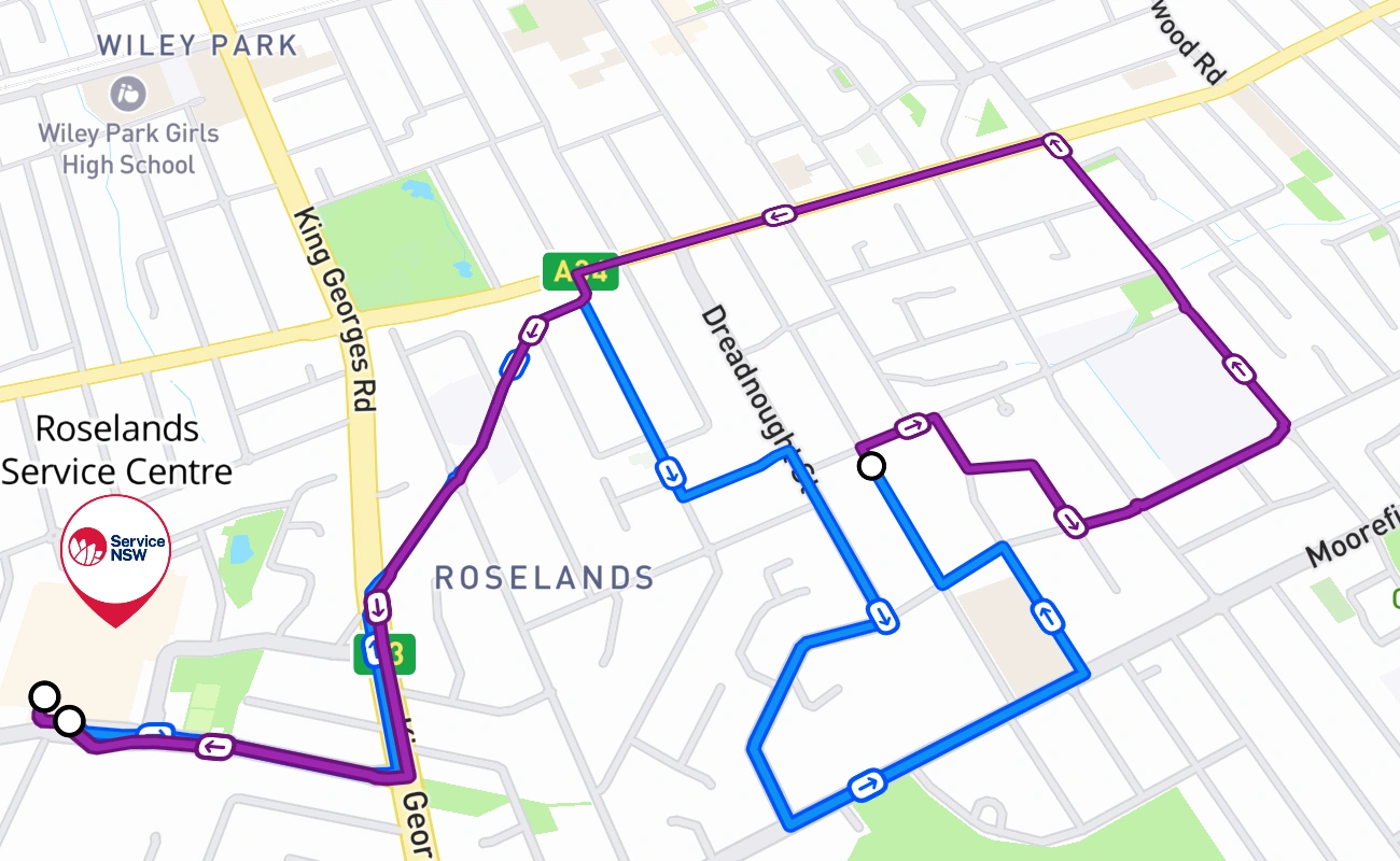 Roselands Service Centre driving test route #91 map - NSW Australia