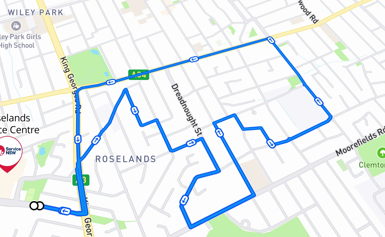 Roselands Service Centre driving test route #2107 map - NSW Australia