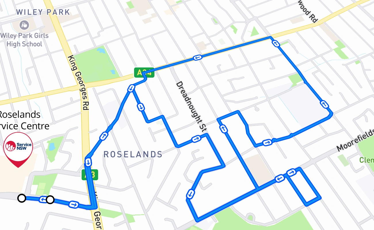 Roselands Service Centre driving test route #2711 map - NSW Australia