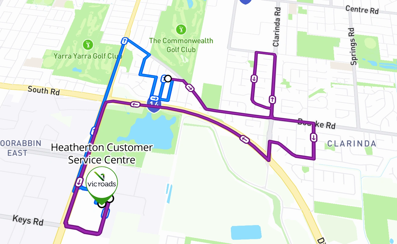 Heatherton Customer Service Centre driving test route #1 map - VIC Australia
