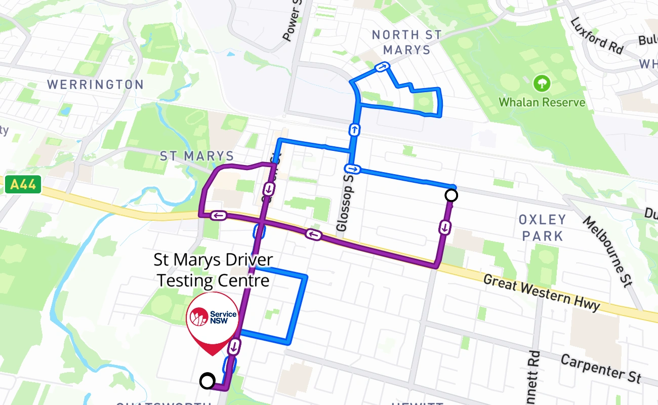 St Marys Driver Testing Centre driving test route #110 map - NSW Australia