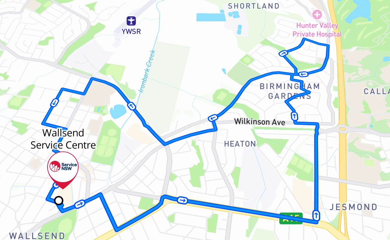 Wallsend Service Centre driving test route #207 map - NSW Australia
