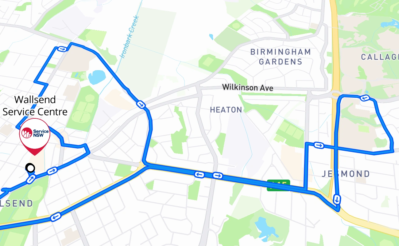 Wallsend Service Centre driving test route #208 map - NSW Australia