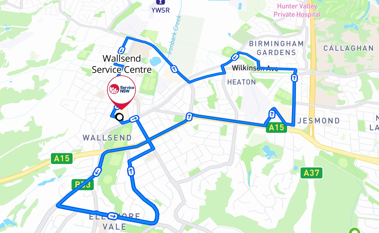 Wallsend Service Centre driving test route #209 map - NSW Australia