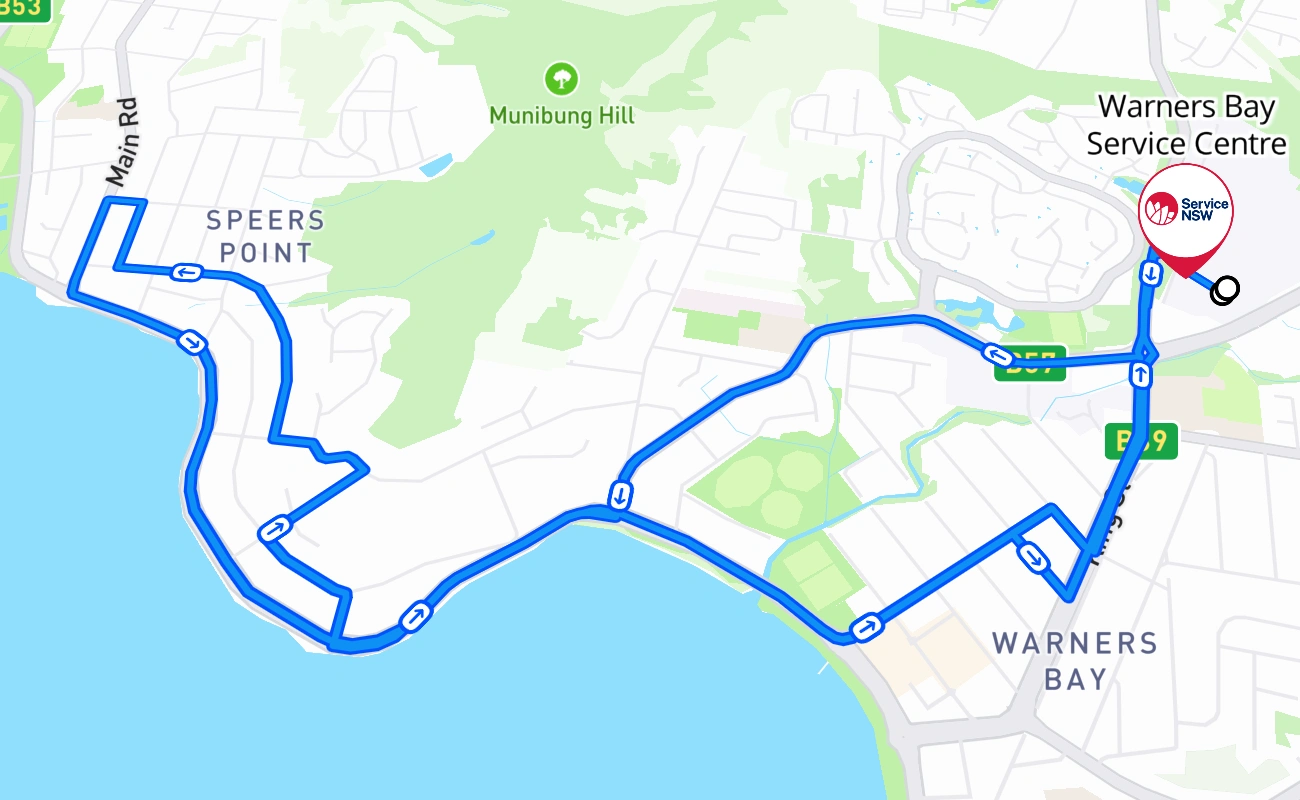 Warners Bay Service Centre driving test route #200 map - NSW Australia
