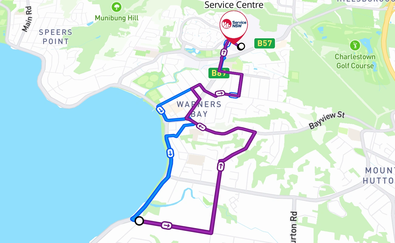 Warners Bay Service Centre driving test route #201 map - NSW Australia