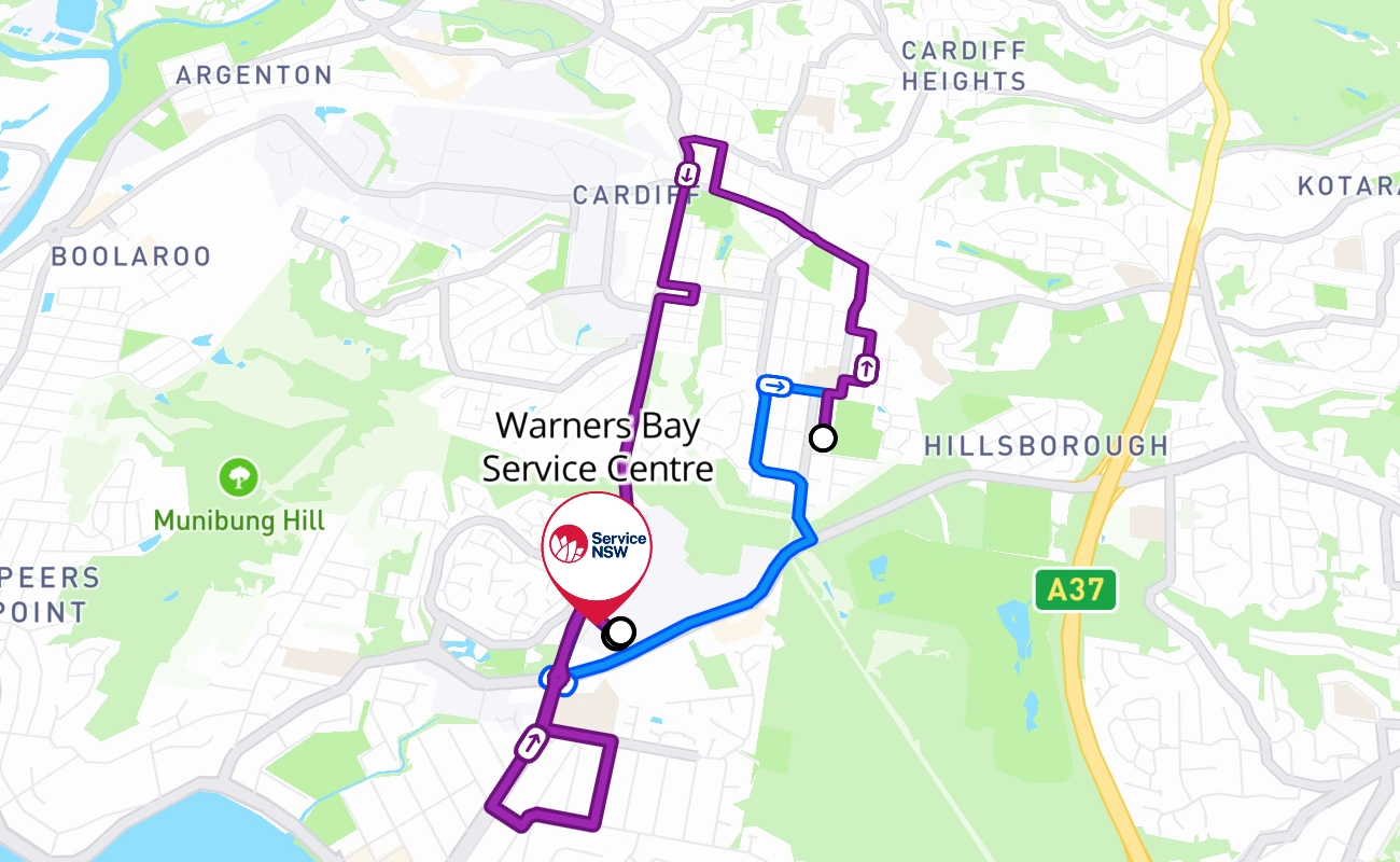 Warners Bay Service Centre driving test route #202 map - NSW Australia