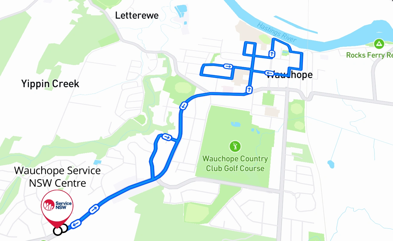 Wauchope Service NSW Centre driving test route #1288 map - NSW Australia