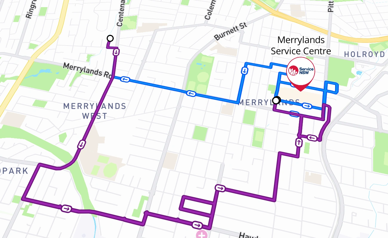 Merrylands Service Centre driving test route #818 map - NSW Australia