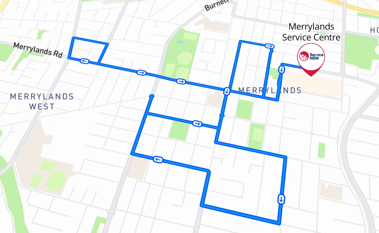 Merrylands Service Centre driving test route #94 map - NSW Australia