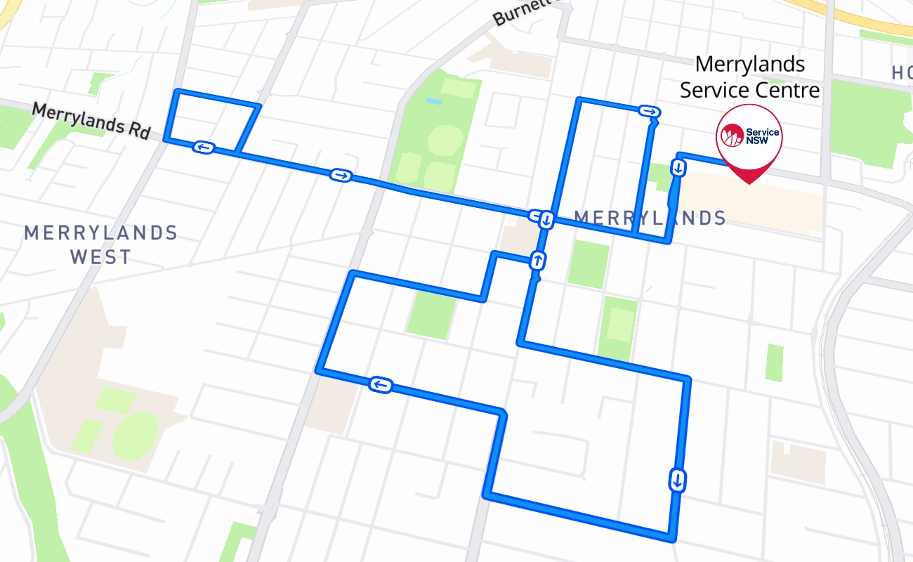 Merrylands Service Centre driving test route #58 map - NSW Australia