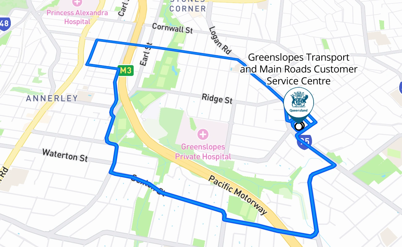 Greenslopes Transport and Main Roads Customer Service Centre driving test route #177 map - QLD Australia