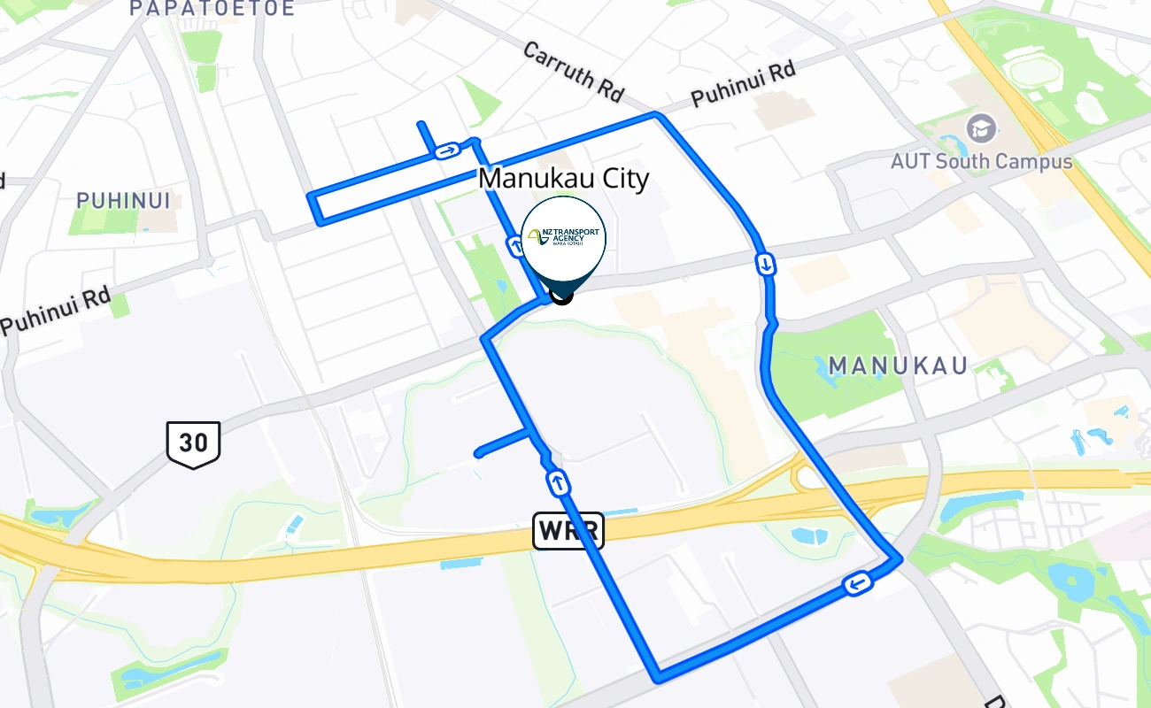 Manukau City driving test route #299 map - AUK New Zealand
