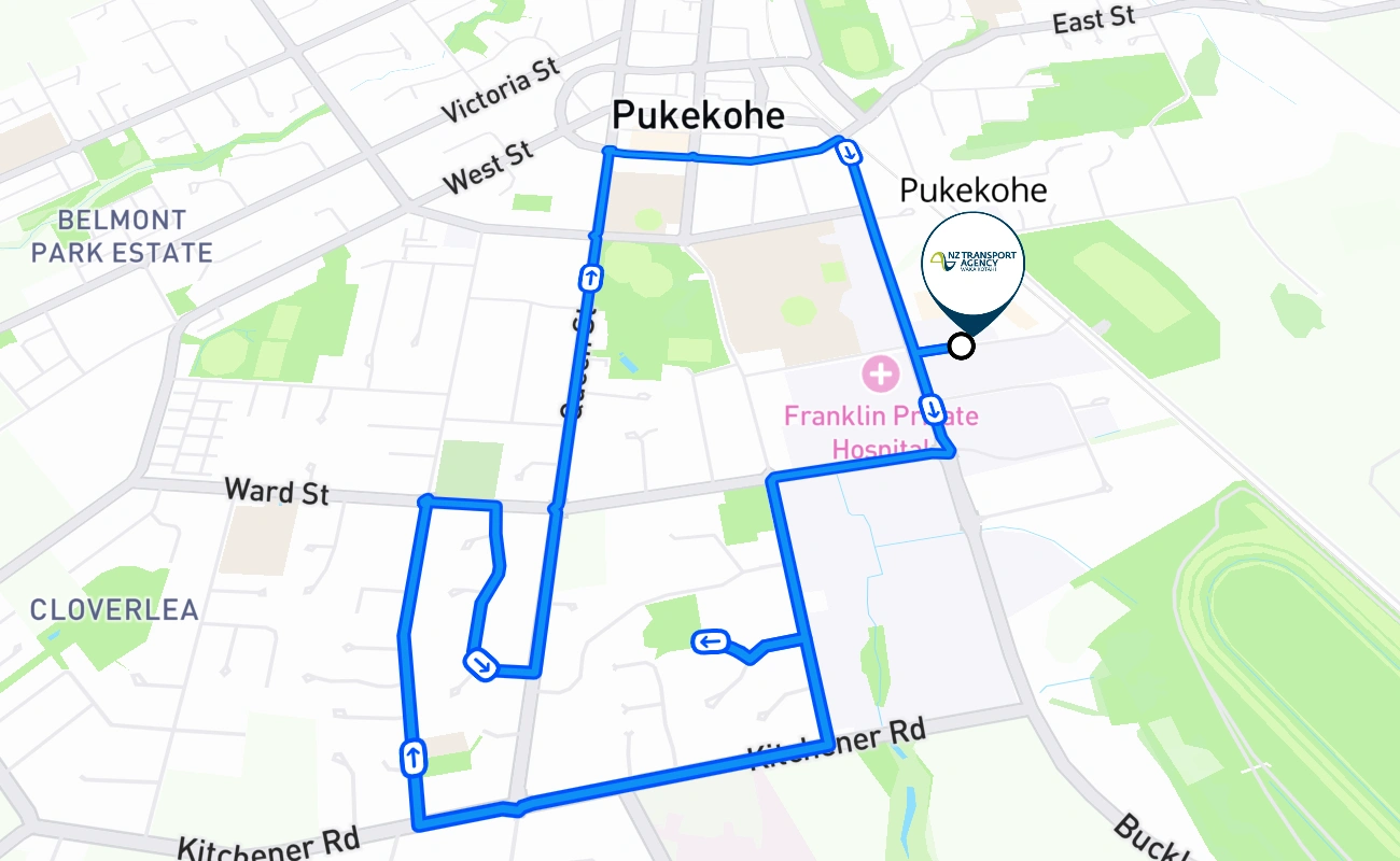 Pukekohe driving test route #311 map - AUK New Zealand