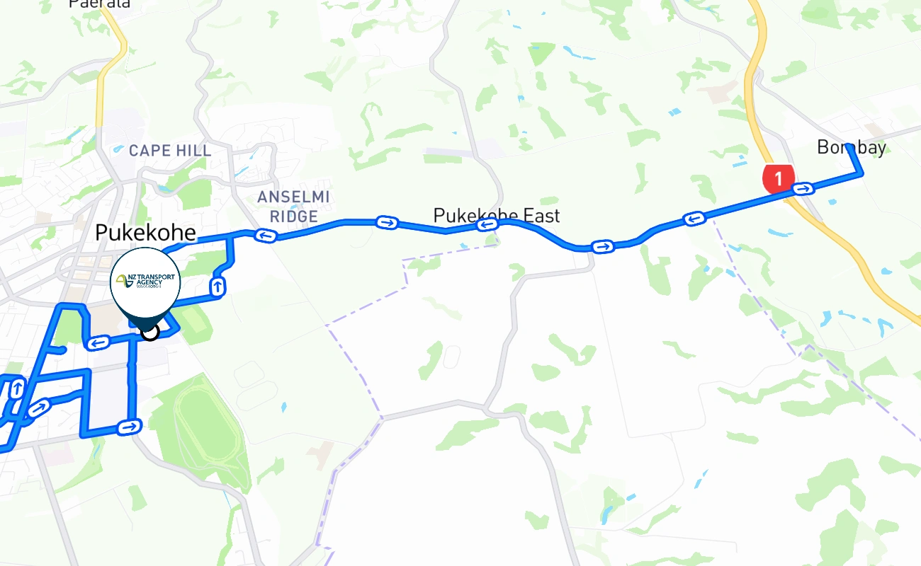Pukekohe driving test route #2131 map - AUK New Zealand