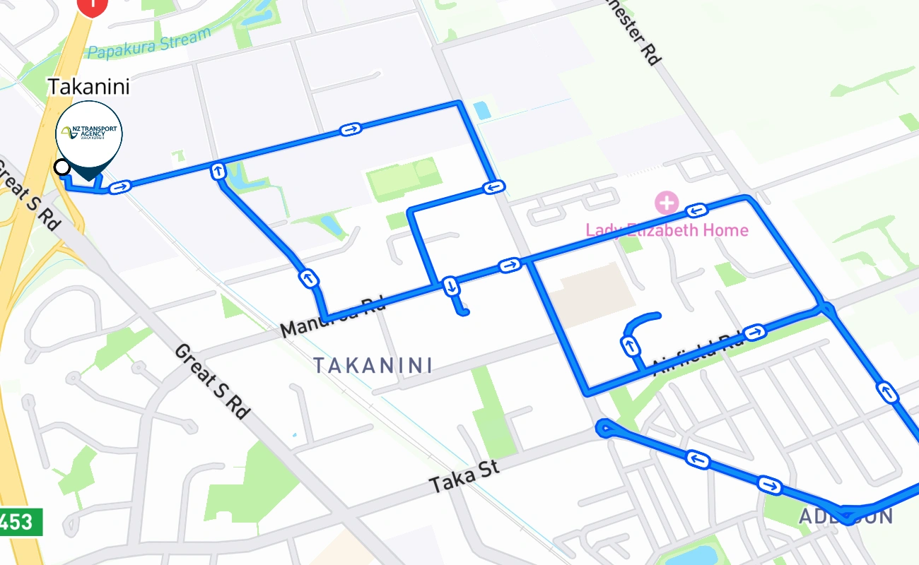 Takanini driving test route #317 map - AUK New Zealand