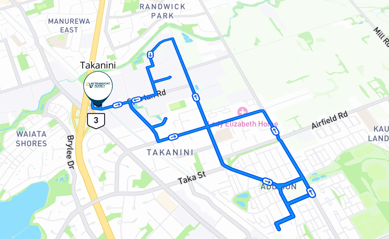 Takanini driving test route #318 map - AUK New Zealand