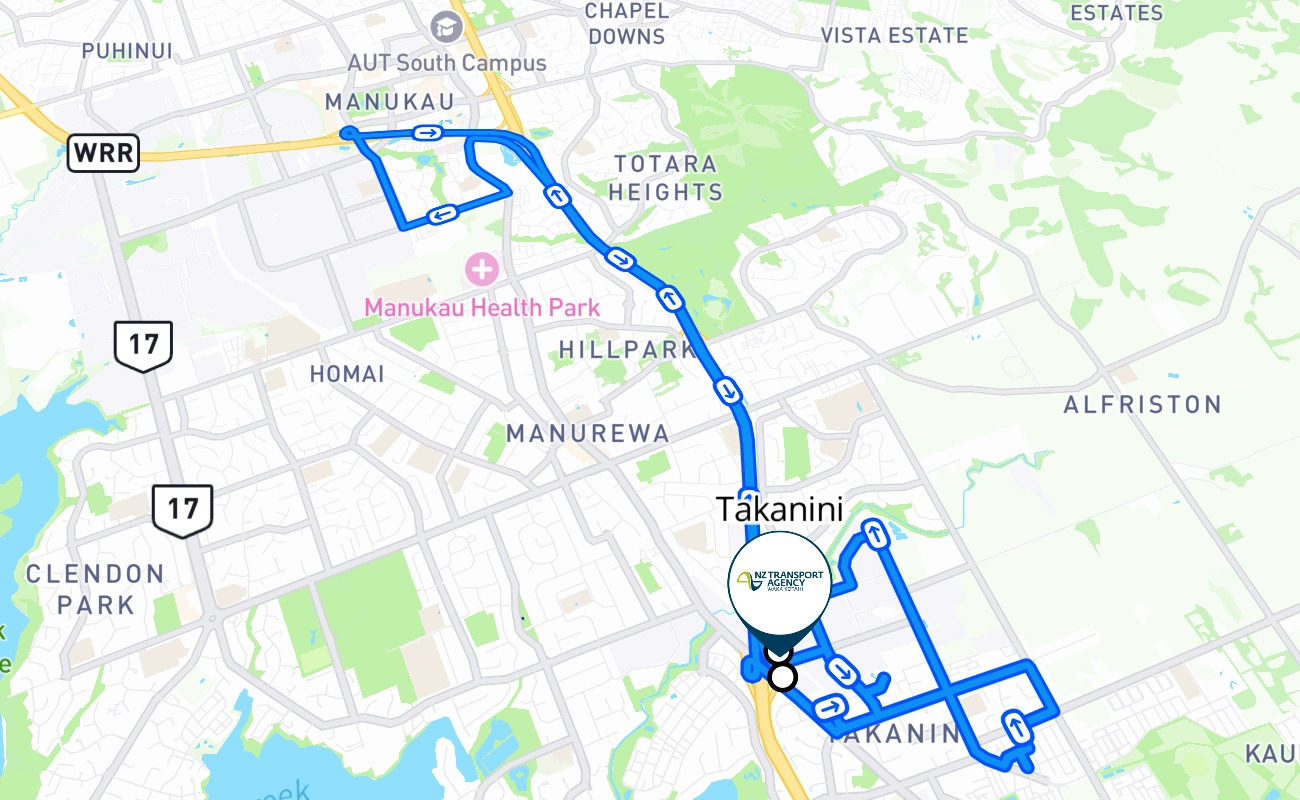 Takanini driving test route #319 map - AUK New Zealand