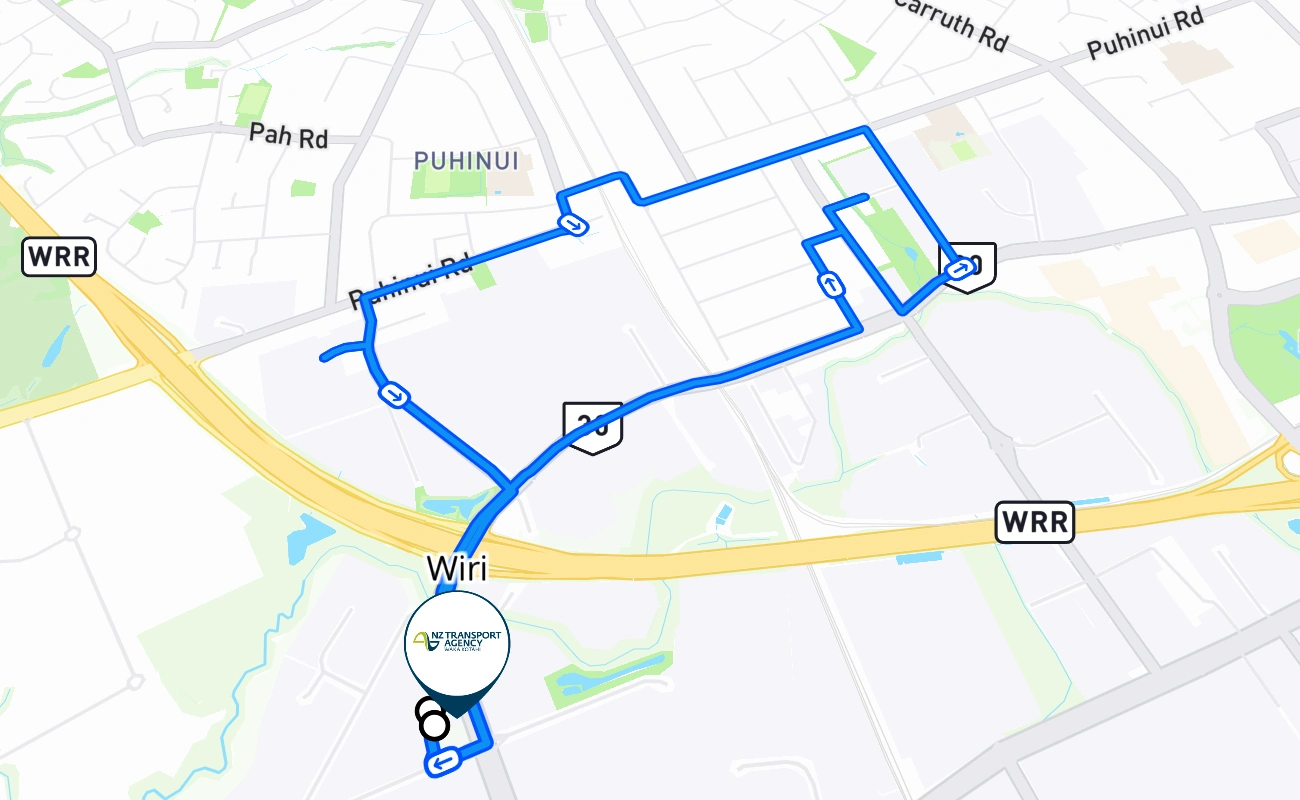Wiri driving test route #323 map - AUK New Zealand
