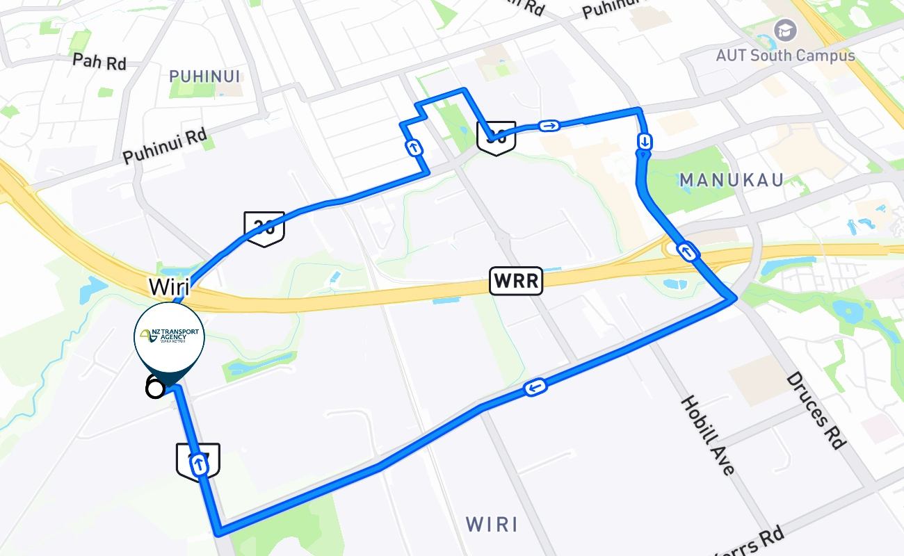 Wiri driving test route #324 map - AUK New Zealand